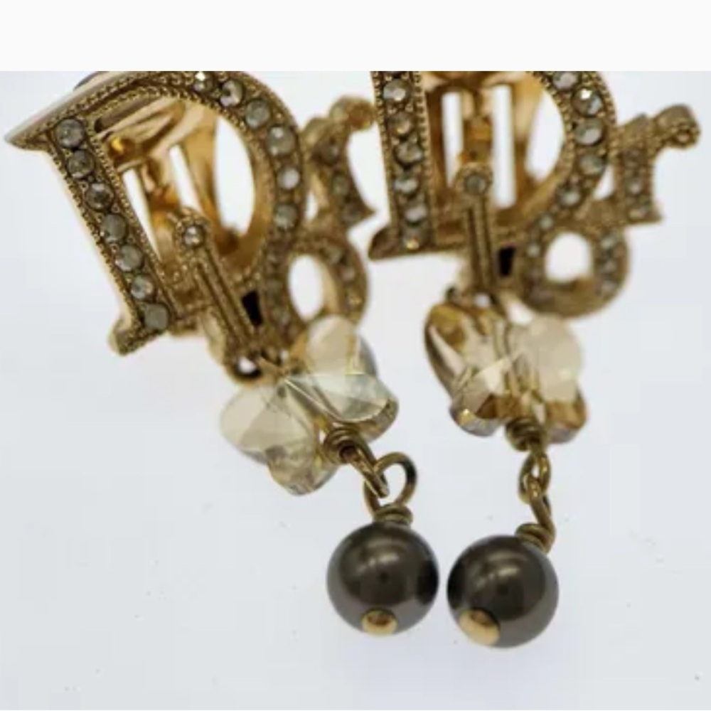 Dior Logo Gold Rhinestone Earrings - Picture 8 of 10